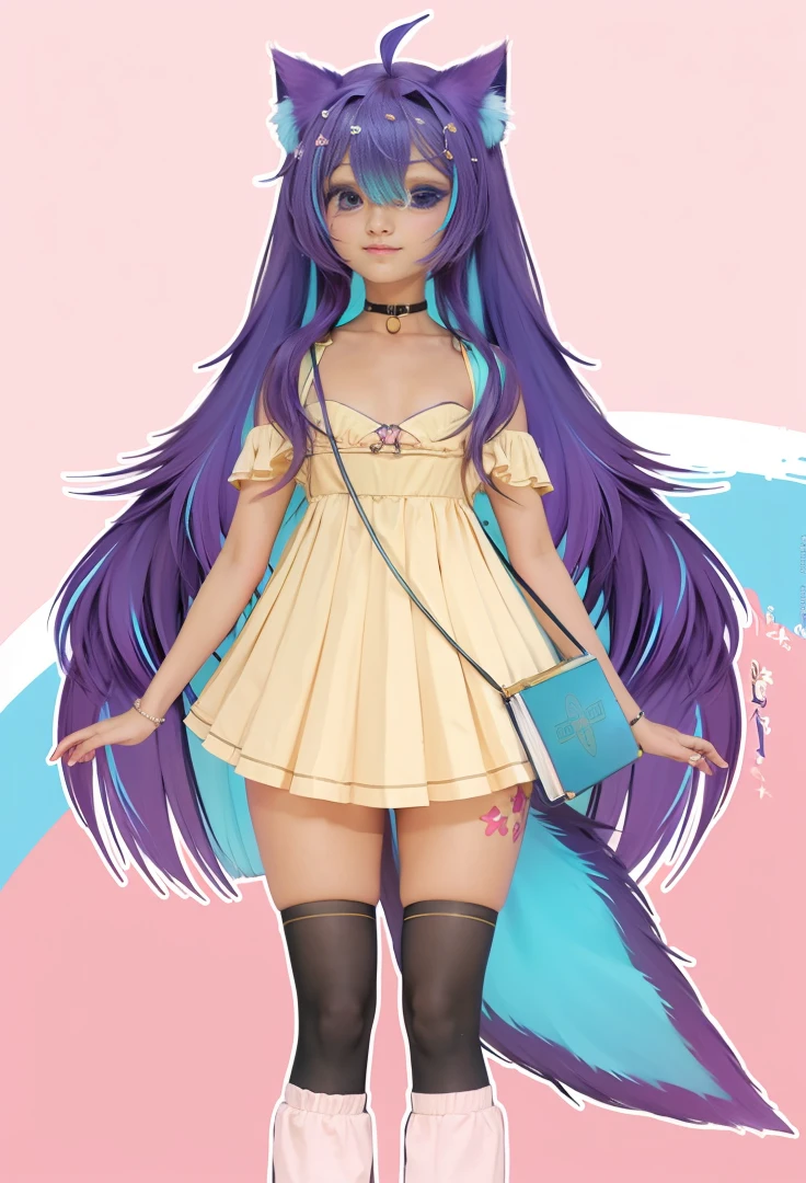 (8k, best quality, masterpiece:1.2), (realistic, photo-realistic:1.37), ultra-detailed, A detailed portrait of 1 girl 18 year old, cute girl, Brazilian girl, fresh outfits, a bag in the shape of a book, tanned skin, perfect body, purple eyes, purple and blue hair, cat está, cat tail. The scene is illuminated with professional lighting, photon mapping, and radiosity, with Tetsuya Nomura Style. Blur bokeh effect, realistic light.