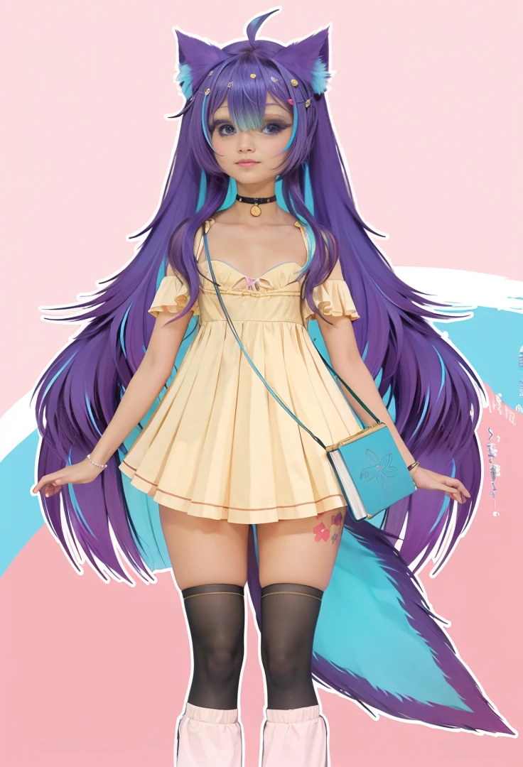 (8k, best quality, masterpiece:1.2), (realistic, photo-realistic:1.37), ultra-detailed, A detailed portrait of 1 girl 18 year old, cute girl, Brazilian girl, fresh outfits, a bag in the shape of a book, tanned skin, perfect body, purple eyes, purple and blue hair, cat está, cat tail. The scene is illuminated with professional lighting, photon mapping, and radiosity, with Tetsuya Nomura Style. Blur bokeh effect, realistic light.