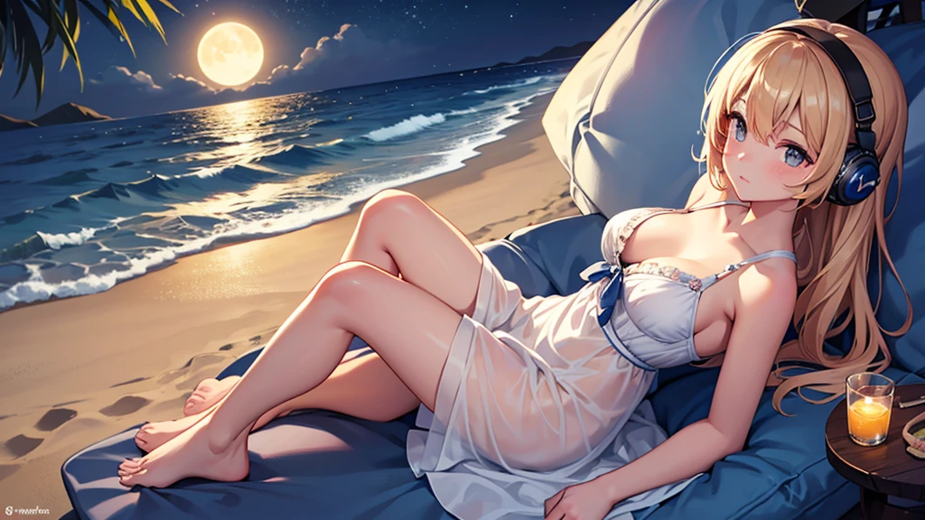 "A serene nighttime beach scene. A girl sits on the sandy shore, her headphones on, lost in the rhythm of the music. She wears a beautiful frock, the gentle waves almost touching her toes. Above her, the night sky is adorned with twinkling stars and a luminous moon, casting a soft glow over the tranquil scene. She looks completely relaxed, absorbed in her own world of melodies."
