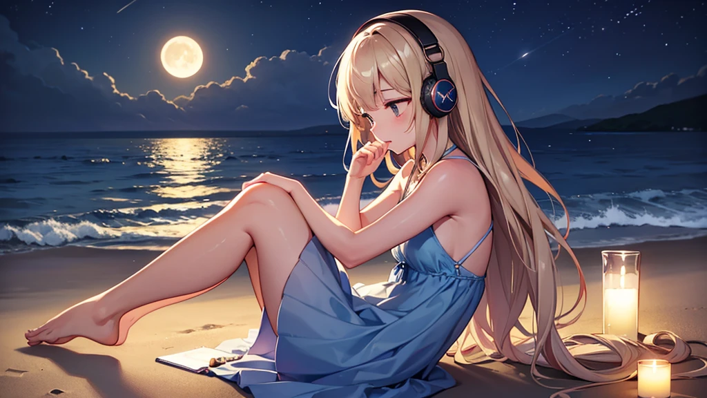 "A serene nighttime beach scene. A girl sits on the sandy shore, her headphones on, lost in the rhythm of the music. She wears a beautiful frock, the gentle waves almost touching her toes. Above her, the night sky is adorned with twinkling stars and a luminous moon, casting a soft glow over the tranquil scene. She looks completely relaxed, absorbed in her own world of melodies."