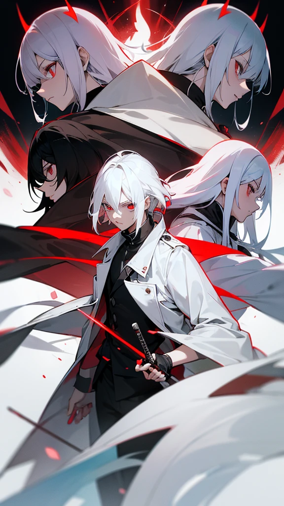 creates an anime character with white hair, eyes with red pupils, wearing a white and black trench coat, with a sword in his right hand and in his left hand, magic of creating an army of demons from behind and in front.
