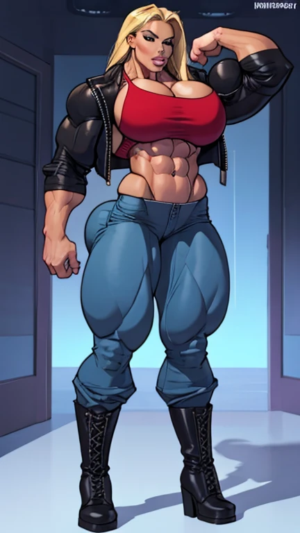 full body frontal view, feminine sensual 20 yo woman, extremely long blonde hair, most attractive, closed zipped jacket, laced-up thgh-high boots, baggy long trousers, free midriff, sixpack abs, strong well defined muscle, lean powerful bodybuilder physique, perfect and flawless musculature, great muscle definition, perfect six-pack abs, full large lips with enormous lip fillers, huge bulging breasts, massive glutes, colossal thighs