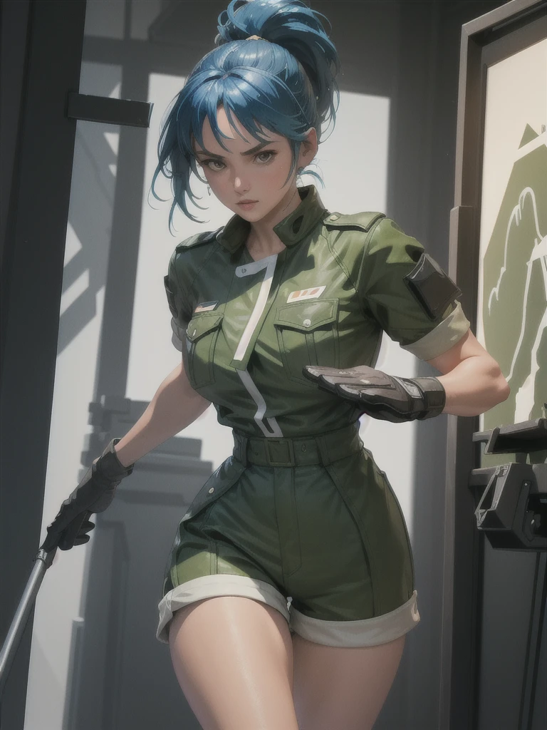 30-year-old woman, alone, athletic, blue hair tied in a ponytail, wears green military shorts, wears a green military top, wears dark gloves, has military boots, high resolution, perfect image, very detailed, high contrast, colors digital, simple, medium shot, cinematic, ultra-sharp focus, award-winning photography, perfect contrast, high sharpness, depth of field, ultra-detailed photography. global illumination, fluid, ultra high definition, 8k, Unreal Engine 5, ultra sharp focus, award-winning photography, Art Season Trends,
