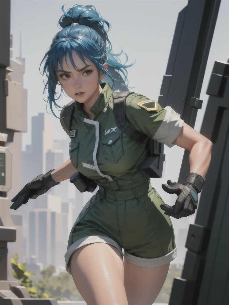 30-year-old woman, alone, athletic, blue hair tied in a ponytail, wears green military shorts, wears a green military top, wears dark gloves, has military boots, high resolution, perfect image, very detailed, high contrast, colors digital, simple, medium shot, cinematic, ultra-sharp focus, award-winning photography, perfect contrast, high sharpness, depth of field, ultra-detailed photography. global illumination, fluid, ultra high definition, 8k, Unreal Engine 5, ultra sharp focus, award-winning photography, Art Season Trends,
