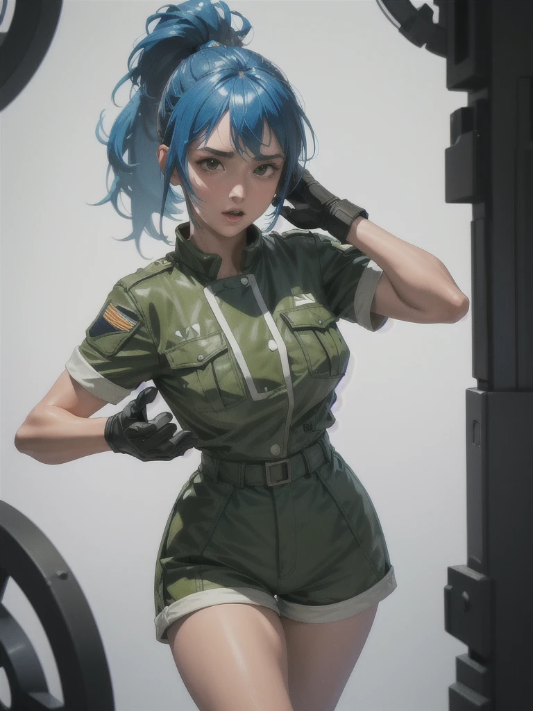 30-year-old woman, alone, athletic, blue hair tied in a ponytail, wears green military shorts, wears a green military top, wears dark gloves, has military boots, high resolution, perfect image, very detailed, high contrast, colors digital, simple, medium shot, cinematic, ultra-sharp focus, award-winning photography, perfect contrast, high sharpness, depth of field, ultra-detailed photography. global illumination, fluid, ultra high definition, 8k, Unreal Engine 5, ultra sharp focus, award-winning photography, Art Season Trends,
