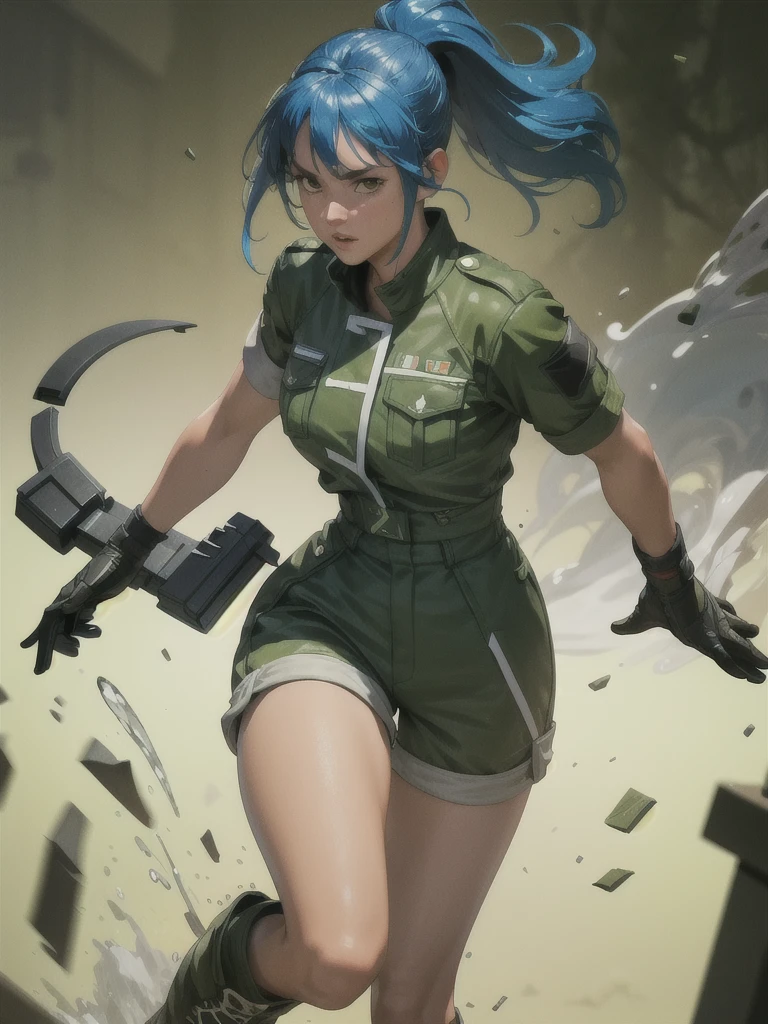 30-year-old woman, alone, athletic, blue hair tied in a ponytail, wears green military shorts, wears a green military top, wears dark gloves, has military boots, high resolution, perfect image, very detailed, high contrast, colors digital, simple, medium shot, cinematic, ultra-sharp focus, award-winning photography, perfect contrast, high sharpness, depth of field, ultra-detailed photography. global illumination, fluid, ultra high definition, 8k, Unreal Engine 5, ultra sharp focus, award-winning photography, Art Season Trends,