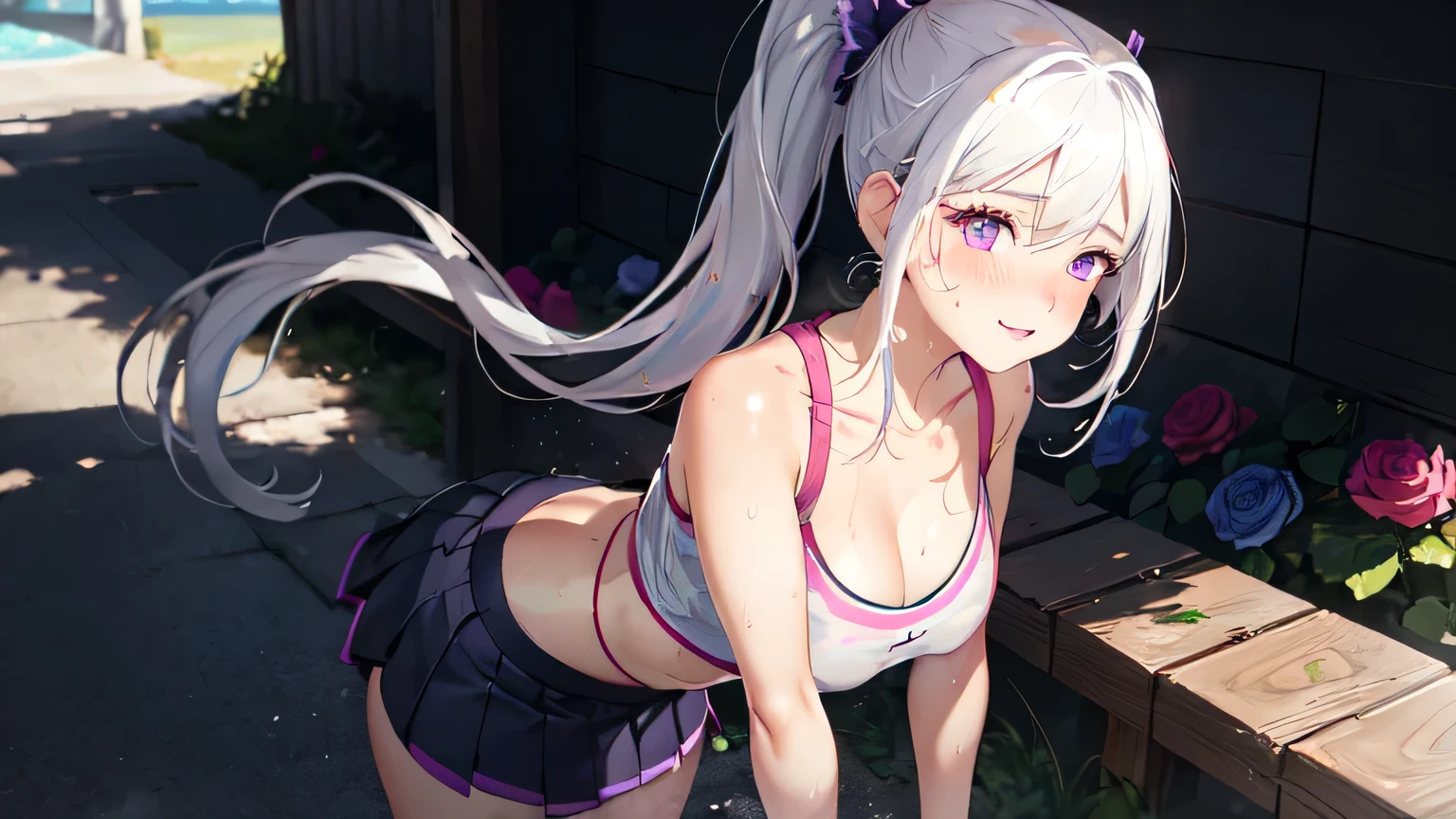 realistic, 1girl, ponytail, parted lips, blush, makeup, light smile, white hair, sportswear, skirt, wet clothes, glow, thighs, purple eye, bare shoulders, collarbone, narrow waist, sunbeam, sunlight, rose, wind, cleavage, (masterpiece), sweat,