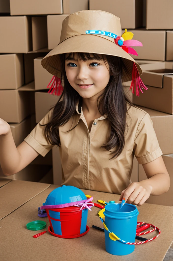 cardboard hat painted with plastic decorations