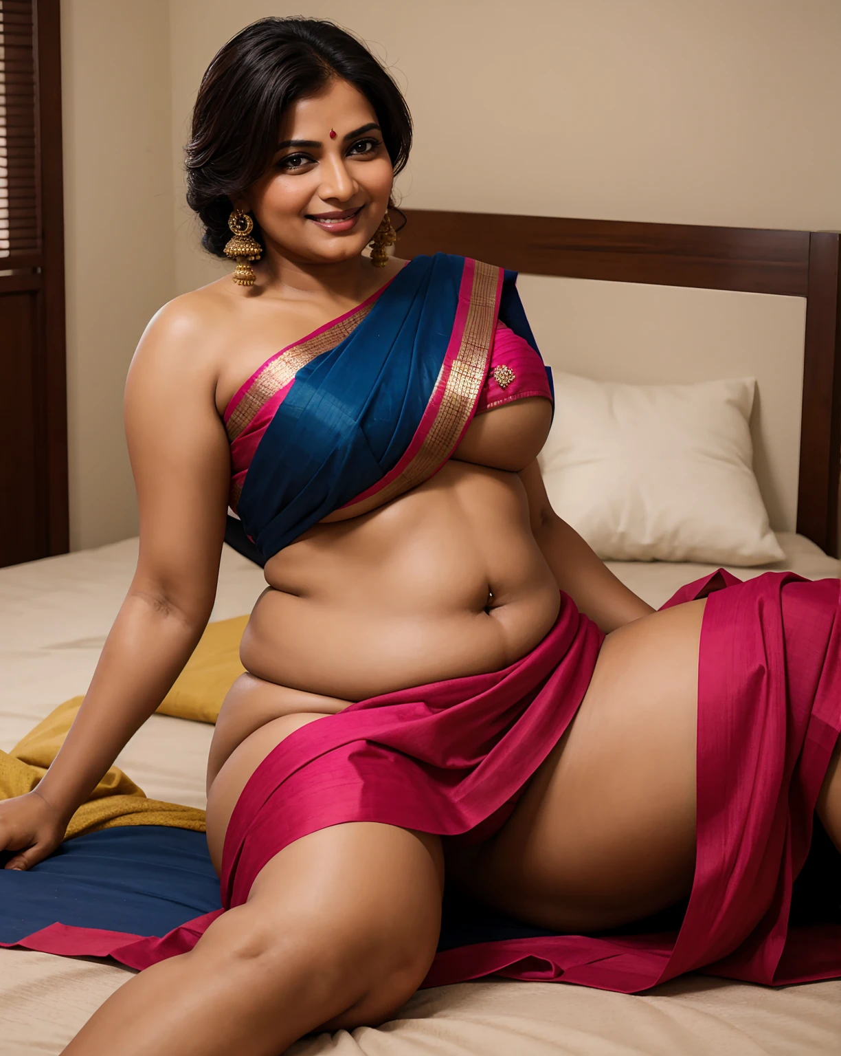 create A beautiful gorgeous plump Indian 45-year-old woman wearing a saree with kamarbandh laying on bed smiling expression in a hands upon position laying tired