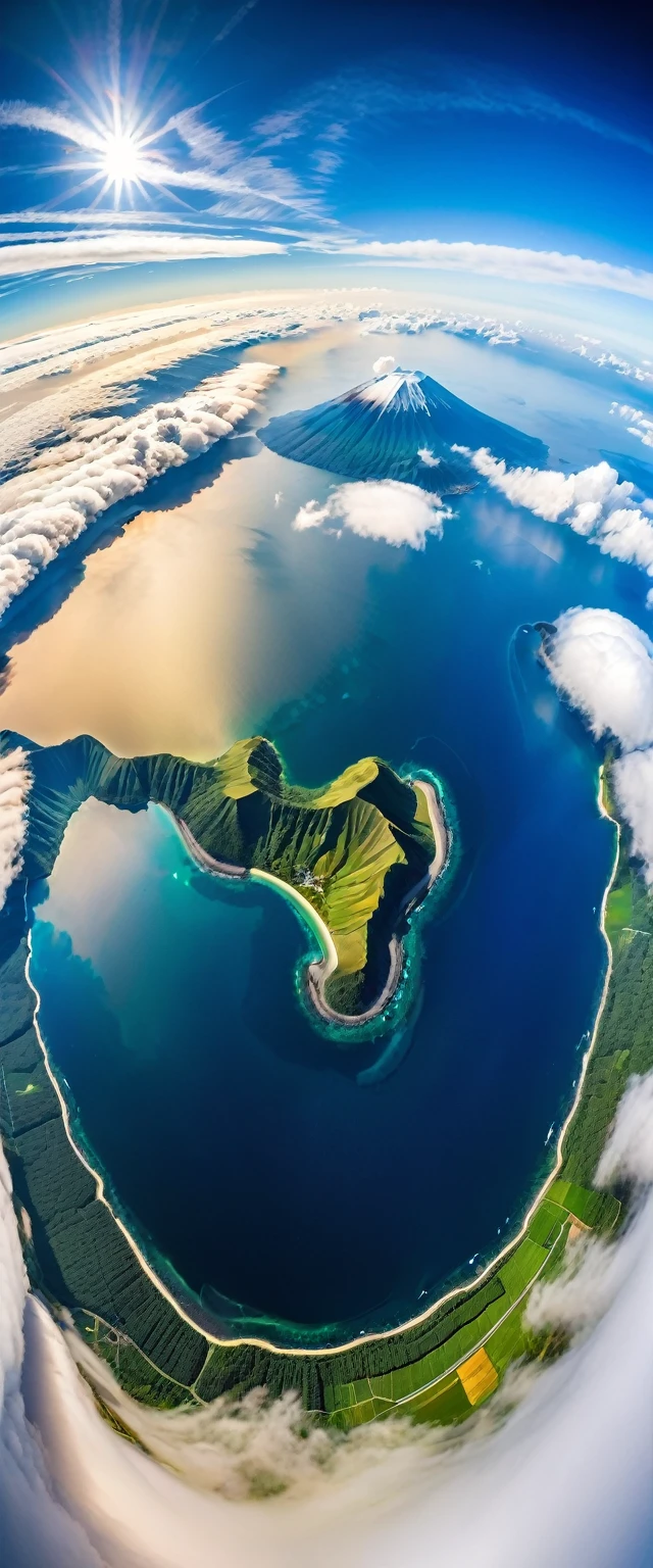 (Highest quality),(masterpiece:1.2),(Very detailed:1.2),Ultra-high resolution,RAW color photos,8K,Fisheye Lens,Vast landscape photography,Realistic photos,Elaborate photos,Skydiving viewpoint,Written boundary depth,Sharp focus,In the clouds,Fuji Mountain,Asahi,Beautiful colors,Written boundary depth,Wide Light,Low contrast,Backlight,Sharp focus,Vibrant colors,moving composition