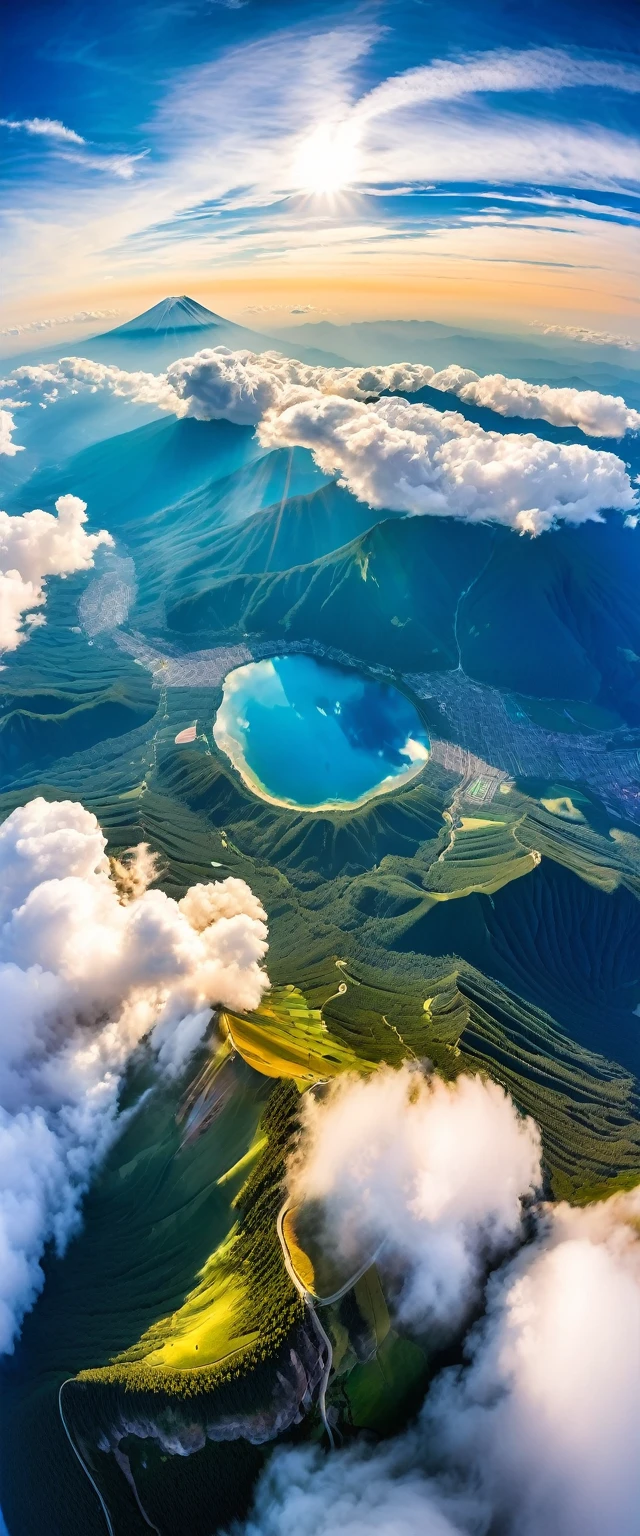 (Highest quality),(masterpiece:1.2),(Very detailed:1.2),Ultra-high resolution,RAW color photos,8K,Fisheye Lens,Vast landscape photography,Realistic photos,Elaborate photos,Skydiving viewpoint,Written boundary depth,Sharp focus,In the clouds,Fuji Mountain,Asahi,Beautiful colors,Written boundary depth,Wide Light,Low contrast,Backlight,Sharp focus,Vibrant colors,moving composition
