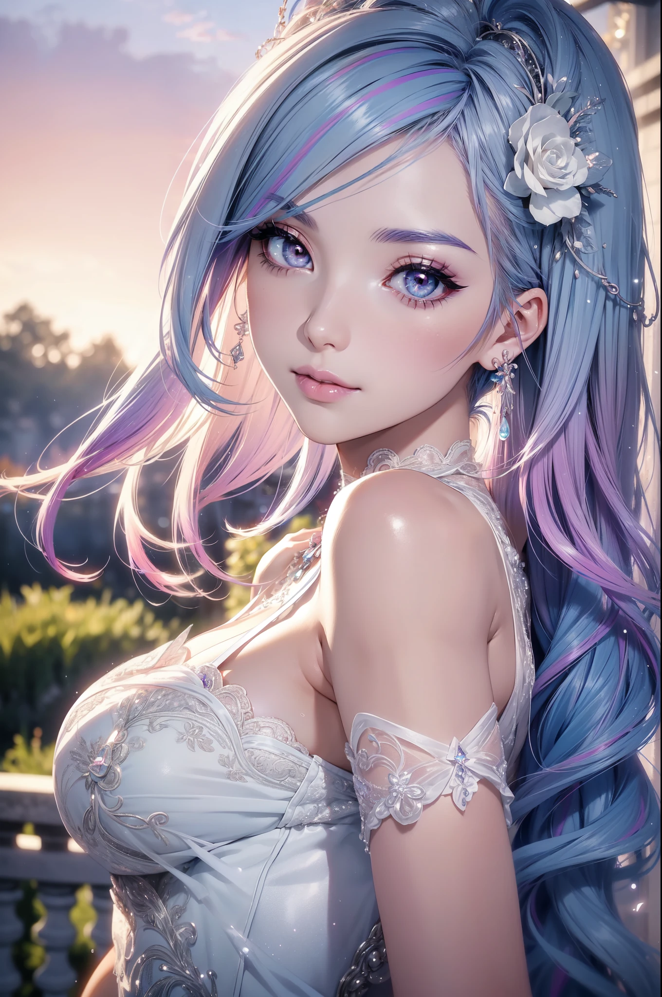 (masterpiece, best quality, beautiful and aesthetic:1.3), look back, side view, 1girl, solo, light smile, (Silver blue hair streaked pink purple:1.4), (Gradient sky blue hair ends:1.6), hair strand, absurdly long hair, single sidelock, wavy hair, shiny hair, floating hair, (deep purple eyes), delicate eyes, aqua eyes, super high detailed eyes, long upper eyelashes, makeup, Focus on face, Very detailed facial, Pretty Face, Perfect breasts, hot body, porcelain skin, (Delicate skin texture:1.2), (Highly detailed skin:1.2), bridal veil, lace-trimmed dress, see-through, wedding dress, outdoors, white roses, garden, morning, standing, extreme detailed, Edge lighting, two color lights, 8K UHD, Bokeh, イーブイの絵, soft light, Volumetric lighting, confess, warm tone