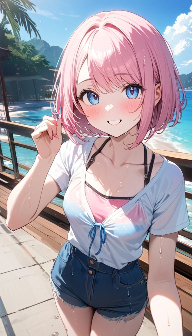 (1 girl),(Best Picture Quality, 8K, Masterpiece:1.3), (high school student:1.5), ((pink lob hair:1.1)), (bob cut),(swept bangs), (cute eyes, pupil black, iris skyblue, youthful face), (mole under right eye), (standard weight), (small breasts), (glistening skin:1.1),(pale skin:1.2),((Gyaru fashion:1.3)),(wet:1.2),((summer scene:1.2)),(magnificent view),(Smile).