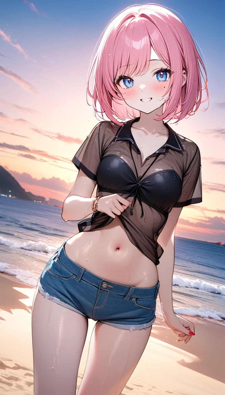 (1 girl),(Best Picture Quality, 8K, Masterpiece:1.3), (high school student:1.5), ((pink lob hair:1.1)), (bob cut),(swept bangs), (cute eyes, pupil black, iris skyblue, youthful face), (mole under right eye), (standard weight), (small breasts), (glistening skin:1.1),(pale skin:1.2),((Gyaru fashion:1.3)),(wet:1.2),((summer scene:1.2)),(magnificent view),(Smile).