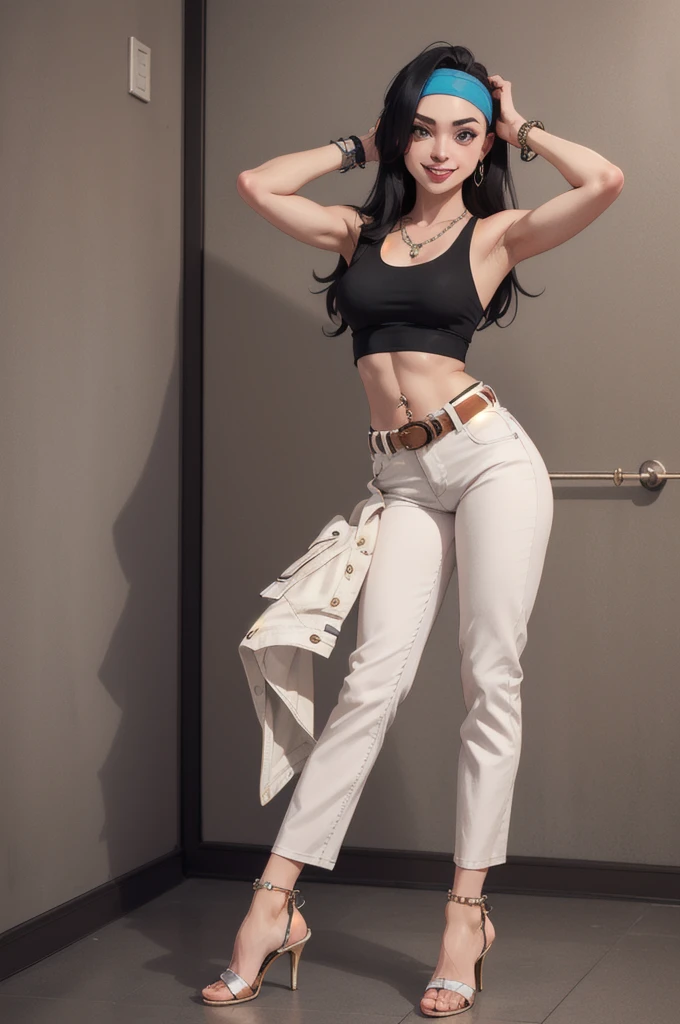 hayley smith, 1girl, black hair, long hair, solo, necklace, jewelry, tank top, headband, midriff, pants, high heels, belt, navel piercing,looking at viewer, smile, cowboy shot, fullbody,