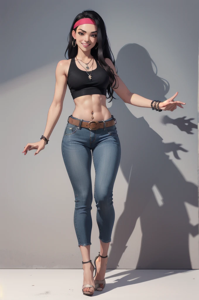 hayley smith, 1girl, black hair, long hair, solo, necklace, jewelry, tank top, headband, midriff, pants, high heels, belt, navel piercing,looking at viewer, smile, cowboy shot, fullbody,