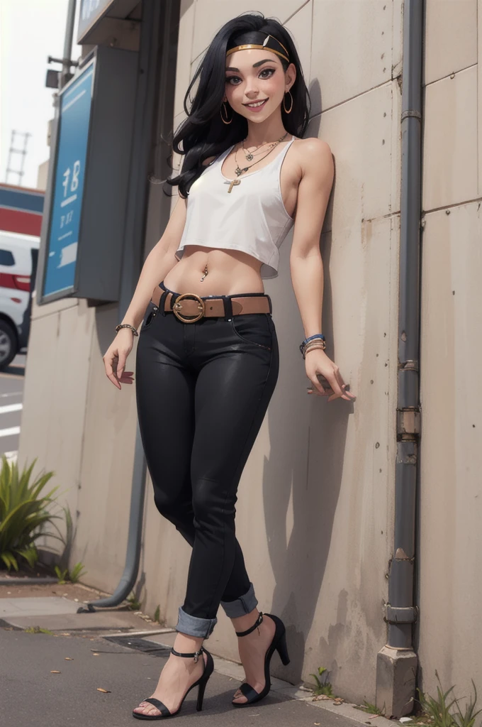 hayley smith, 1girl, black hair, long hair, solo, necklace, jewelry, tank top, headband, midriff, pants, high heels, belt, navel piercing,looking at viewer, smile, cowboy shot, fullbody,