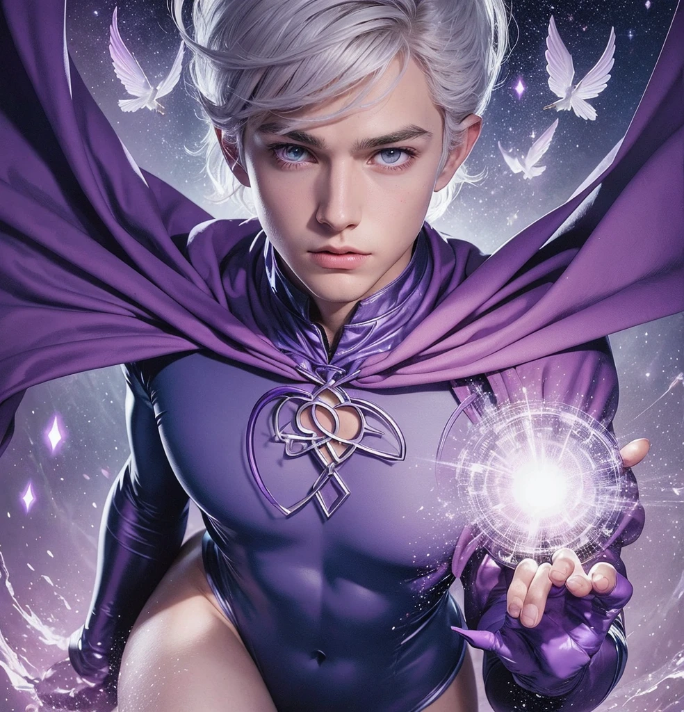 American classic comic book art: beautiful ethereal young boy delicate, intermediate light white hair with beautiful messy, pointy ears, purple-indigo tight bodysuit adorned by mystical symbols, dark gloves, purple long sleeves, purple world of dreams, conjuring magic energy symbols, magenta cape adorned with symbols, sorcerer, white eyes, showing thighs, very young face man, beautiful thighs, classic comic book, 