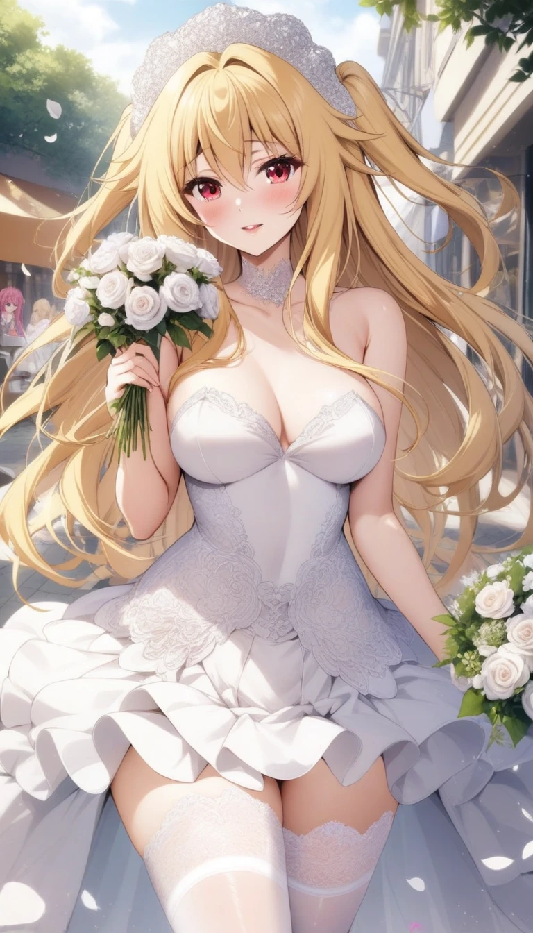 masterpiece, best quality, very aesthetic, absurdres, 1girl, mature_lady, wedding_dress,White lace miniskirt wedding dress, Holding flowers, White lace stockings, wedding hood, ,konjiki_no_yami(to_love-ru), to_love-ru,1girl, blonde_hair, long_hair, two_side_up, red_eyes, small_breasts,,surrounding by flowers,falling_petals, outdoors, petals,,in a cafe,floating_hair,covered_breasts