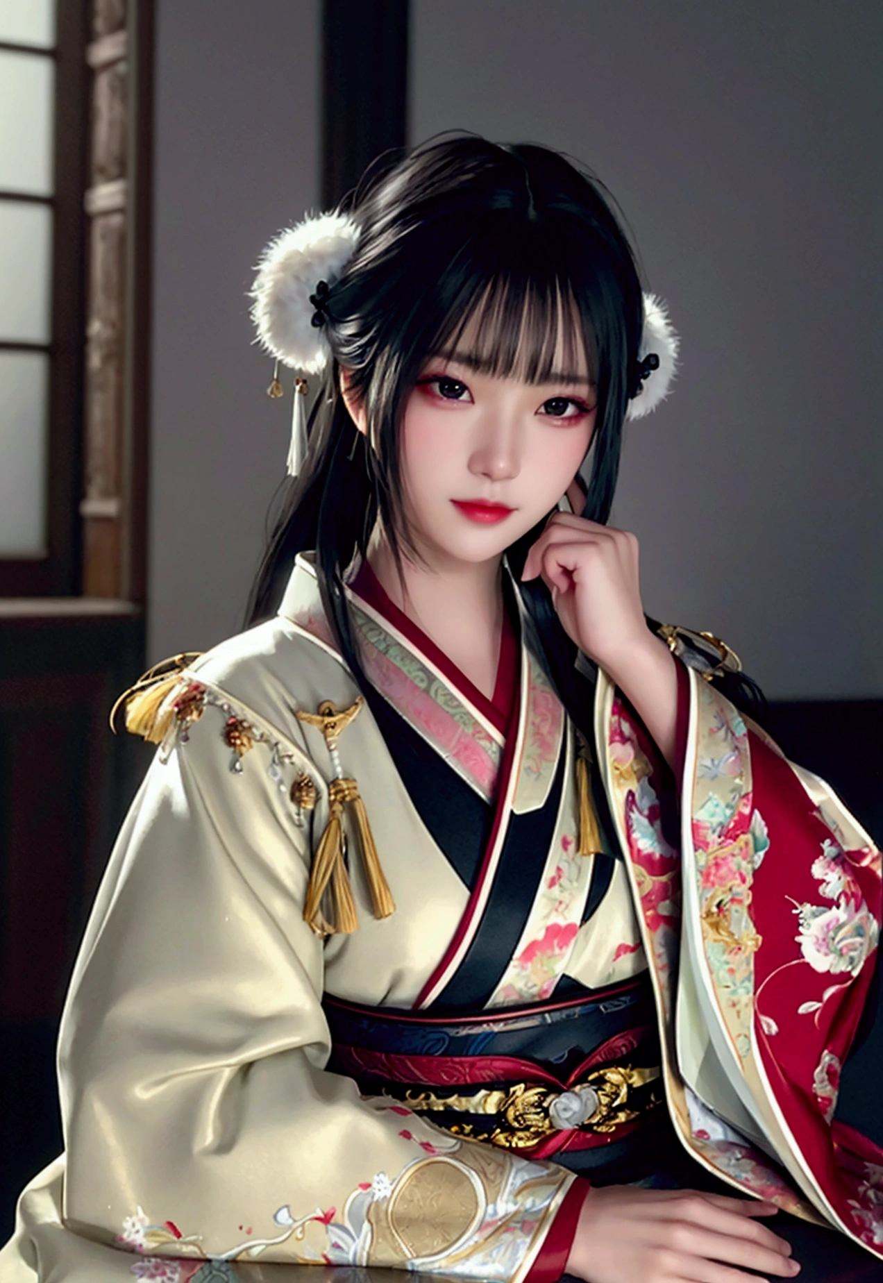 Realistic portrait, Official Art, Unity 8k wallpaper, super detailed, beautiful, beautiful Asian girl, focused on detailed face, has a little to no darkspots, wearing black clothing, facing camera and looking at camera, 3/4 angle, masterpiece, best quality, dark, atmospheric, mystical, romantic, creepy, literature, art, fashion, show era, decoration, intricacies, fur products, lace, contemplation, emotional depth, supernatural, kimono 1girl, solo, neck, bust composition, Realistic, bokeh, lens_flare,Natural light,portrait,Grey Film filter,(KODAK Ektar 100:1.2)