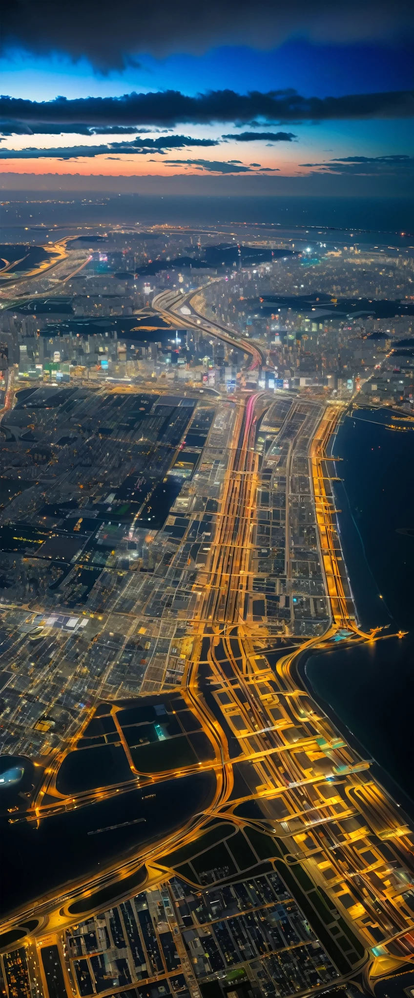 (Highest quality),(masterpiece:1.2),(Very detailed:1.2),Ultra-high resolution,RAW color photos,8K,Vast landscape photography,Realistic photos,Elaborate photos,View from an airplane window,Written boundary depth,Sharp focus,In the clouds,Tokyo,Haneda airport,Night view,Beautiful colors,Written boundary depth,Wide Light,Low contrast,Backlight,Sharp focus,Vibrant colors,moving composition
