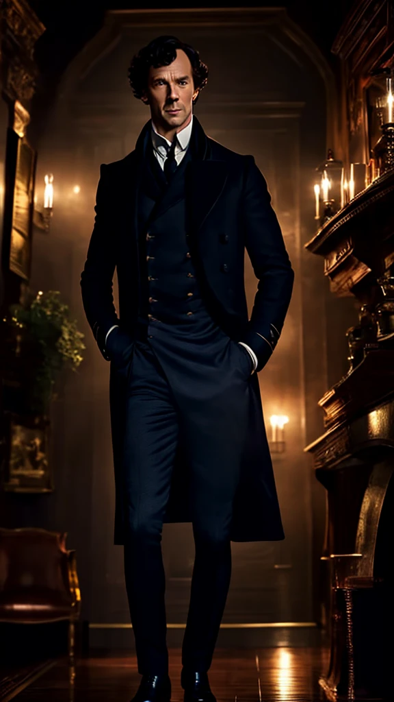 Sherlock Holmes is shirtless but with a peacoat on with a thick jockstrap with no pants on with a chiseled torso and v shape abs, a detailed face with clean lines. gorgeous eyes. in an 18th century English pub setting background.