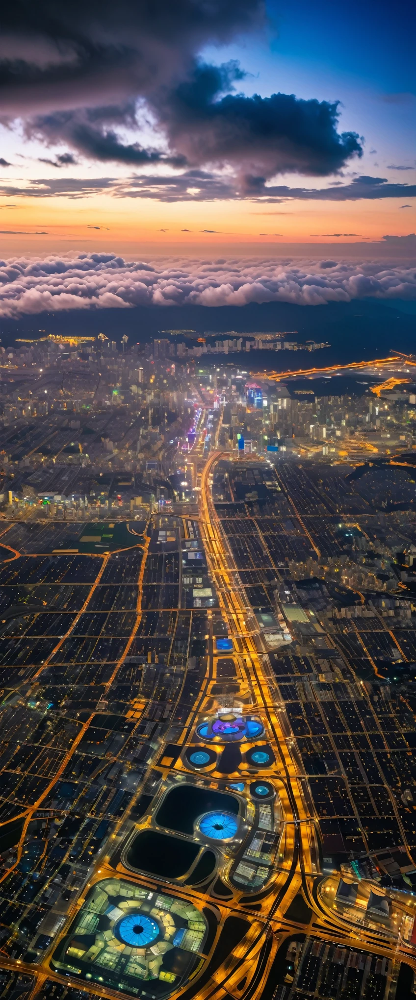 (Highest quality),(masterpiece:1.2),(Very detailed:1.2),Ultra-high resolution,RAW color photos,8K,Vast landscape photography,Realistic photos,Elaborate photos,View from an airplane window,Written boundary depth,Sharp focus,In the clouds,Tokyo,Haneda airport,Night view,Beautiful colors,Written boundary depth,Wide Light,Low contrast,Backlight,Sharp focus,Vibrant colors,moving composition
