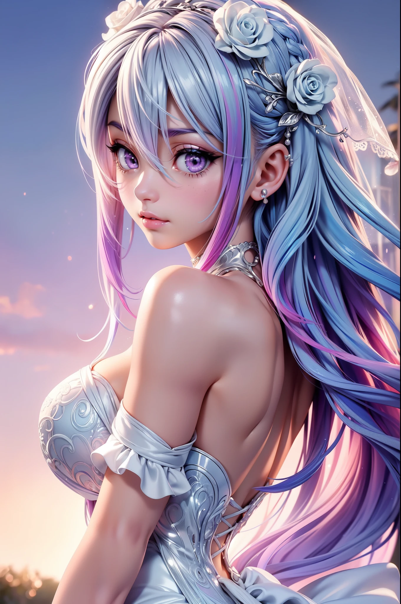 (masterpiece, best quality, beautiful and aesthetic:1.3), look back, side view, 1girl, solo, light smile, (Silver blue hair streaked pink purple:1.4), (Gradient sky blue hair ends:1.6), hair strand, absurdly long hair, single sidelock, wavy hair, shiny hair, floating hair, (deep purple eyes), delicate eyes, aqua eyes, super high detailed eyes, long upper eyelashes, makeup, Focus on face, Very detailed facial, Pretty Face, Perfect , hot body, porcelain skin, (Delicate skin texture:1.2), (Highly detailed skin:1.2), bridal veil, lace-trimmed dress, see-through, wedding dress, outdoors, white roses, garden, morning, standing, whole body, extreme detailed, Edge lighting, two color lights, 8K UHD, Bokeh, イーブイの絵, soft light, Volumetric lighting, confess, warm tone