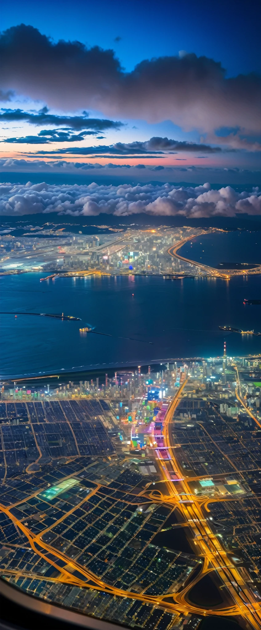 (Highest quality),(masterpiece:1.2),(Very detailed:1.2),Ultra-high resolution,RAW color photos,8K,Vast landscape photography,Realistic photos,Elaborate photos,View from an airplane window,Written boundary depth,Sharp focus,In the clouds,Tokyo,Haneda airport,Night view,Beautiful colors,Written boundary depth,Wide Light,Low contrast,Backlight,Sharp focus,Vibrant colors,moving composition
