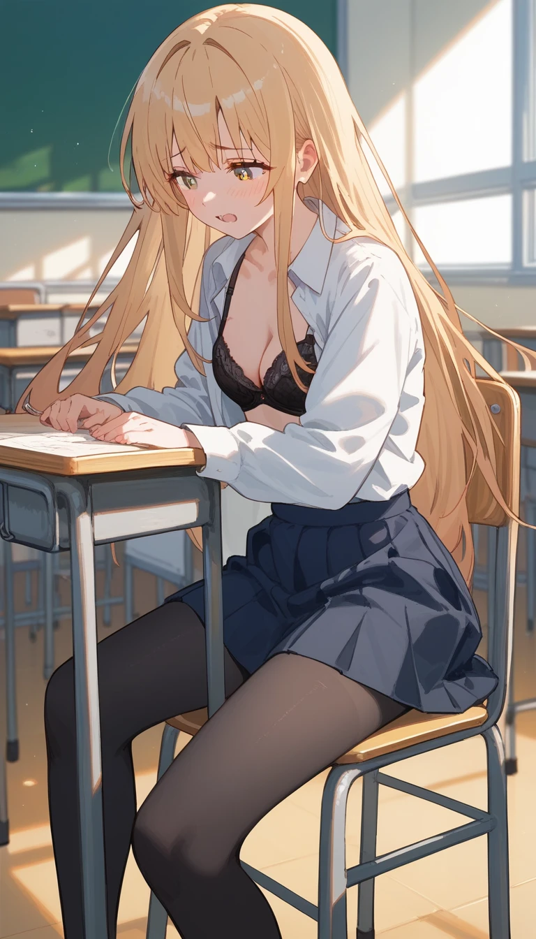 masterpiece,Ultra HD,score_4_onBREAK source_anime,可愛いanimeイラスト, masterpiece,high resolution,alone,mahirushiina,One girl,Blonde,Long Hair,Black Bra,black tights,School,classroom,nsfw,sex,Insert,