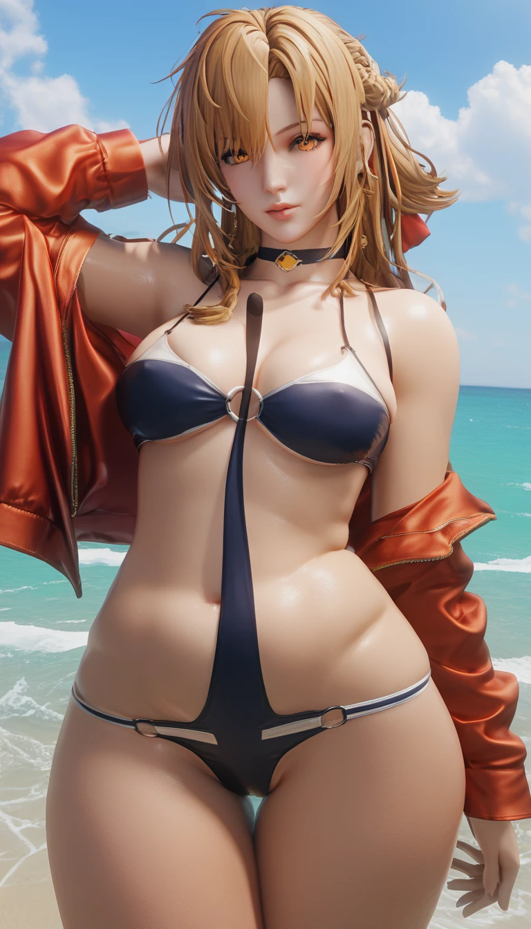 punctuation_9, punctuation_8_High above, punctuation_7_High above, punctuation_6_High above, uncensorot, asuna yuuki, hair orange, bend over, braid, long hair, orange eyes, 1 girl,swimsuit wear, jaket, rot_jaket, breastsout, 比基尼, へそ, It is_visible_atravIt iss_thighhighs, gazing_phi_viewer, O-Ring, CIt isu, choker, thighhigh_gap, plein-air, standing alone, nube, giorno, clavicle, multi-tie_比基尼, blackw_比基尼, just_shoulders, avo_jaket, avo_badass clothing, ab_shoulder, cowboy_outlet, blackw_choker, cerulean_CIt isu, oceaphi, neckleace, skindentphiion, lips, mIt isdio_breastsout, wphier, stomach, beachfront, to accompany_jaket, cozinhando face, cozinhando, 