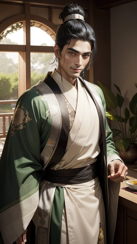 Tall and regal noble Man, dignity, jet-black hair, hair tied into a topknot, sharp face, serene smile, amber almond-shaped eyes, sage, tanned skin, deep green kimono embroidered with intricate silver patterns, in a garden
