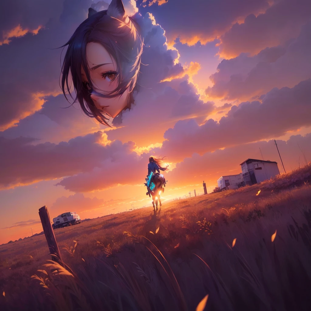 アニメ, a girl on horseback in a grassy field with a sunset in the background, makoto shinkai cyril rolando, Papel de parede de arte アニメ 4k, papel de parede de arte de アニメ 4k, papel de parede de arte de アニメ 8k, Papel de parede de アニメ 4K, linda cena de アニメ, Lindas obras de arte de アニメ, アニメ linda cena de paz, papel de parede de アニメ 4k, papel de parede de アニメ 4k