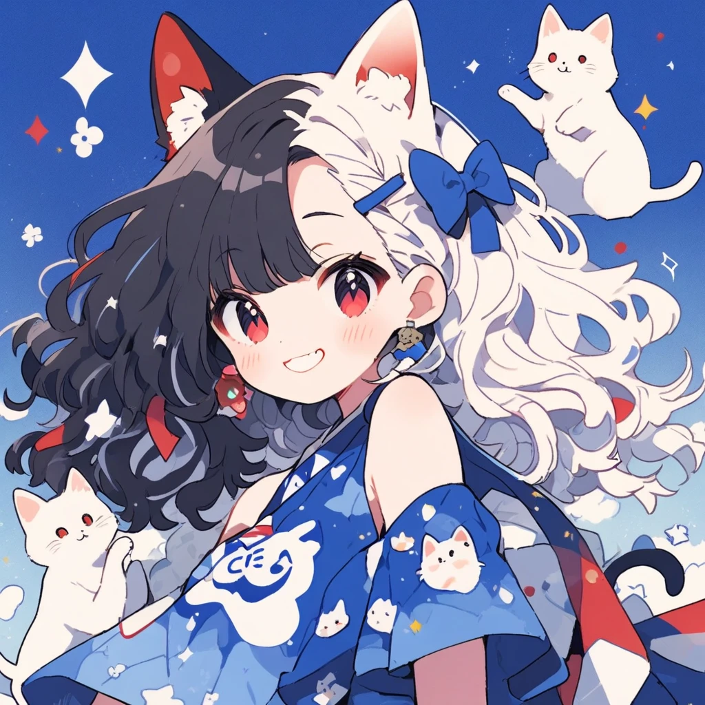 *8k Masterpiece, Top Quality, Best Quality, Official Art, (Beauty and Aesthetics: 1.3), Extremely Detailed, (Fractal Art: 1.3), 2 girls. 1 with black hair. and red eyes 1 with white hair and blue eyes. cute. cat ears. smile. Bratty and smug.