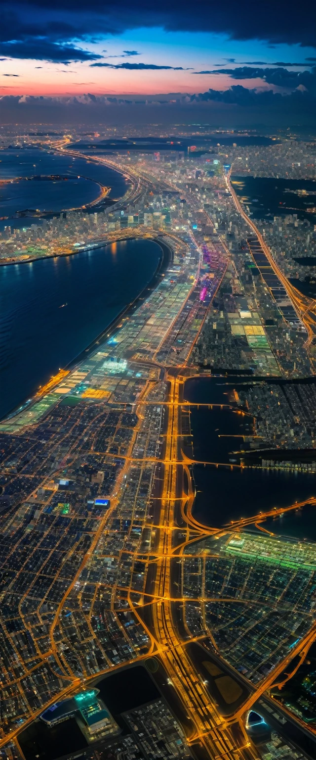 (Highest quality),(masterpiece:1.2),(Very detailed:1.2),Ultra-high resolution,RAW color photos,8K,Vast landscape photography,Realistic photos,Elaborate photos,View from an airplane window,Written boundary depth,Sharp focus,In the clouds,Tokyo,Haneda airport,Tokyo湾,Night view,Beautiful colors,Written boundary depth,Wide Light,Low contrast,Backlight,Sharp focus,Vibrant colors,moving composition