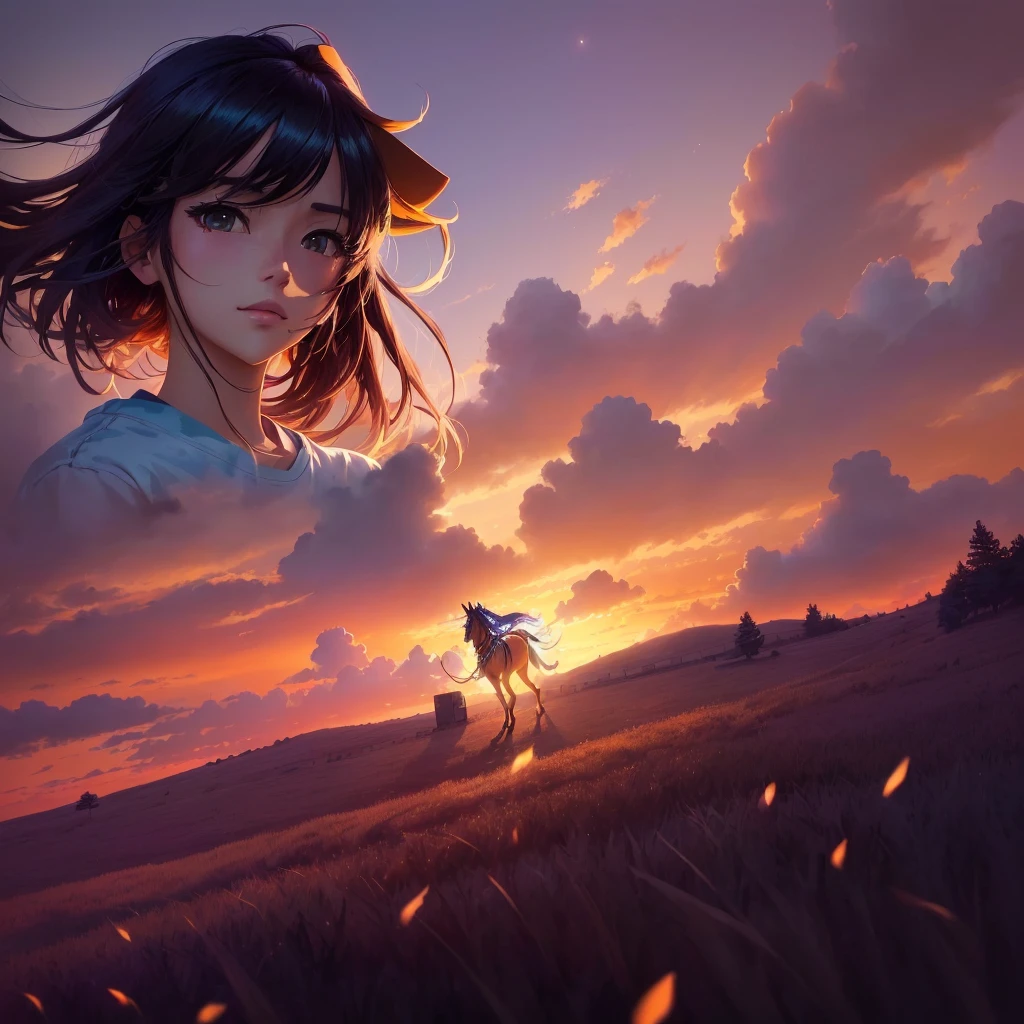アニメ, a girl on horseback in a grassy field with a sunset in the background, makoto shinkai cyril rolando, Papel de parede de arte アニメ 4k, papel de parede de arte de アニメ 4k, papel de parede de arte de アニメ 8k, Papel de parede de アニメ 4K, linda cena de アニメ, Lindas obras de arte de アニメ, アニメ linda cena de paz, papel de parede de アニメ 4k, papel de parede de アニメ 4k