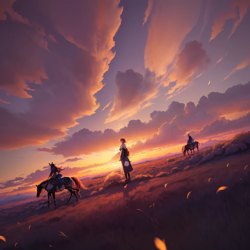 アニメ, a girl on horseback in a grassy field with a sunset in the background, makoto shinkai cyril rolando, Papel de parede de arte アニメ 4k, papel de parede de arte de アニメ 4k, papel de parede de arte de アニメ 8k, Papel de parede de アニメ 4K, linda cena de アニメ, Lindas obras de arte de アニメ, アニメ linda cena de paz, papel de parede de アニメ 4k, papel de parede de アニメ 4k