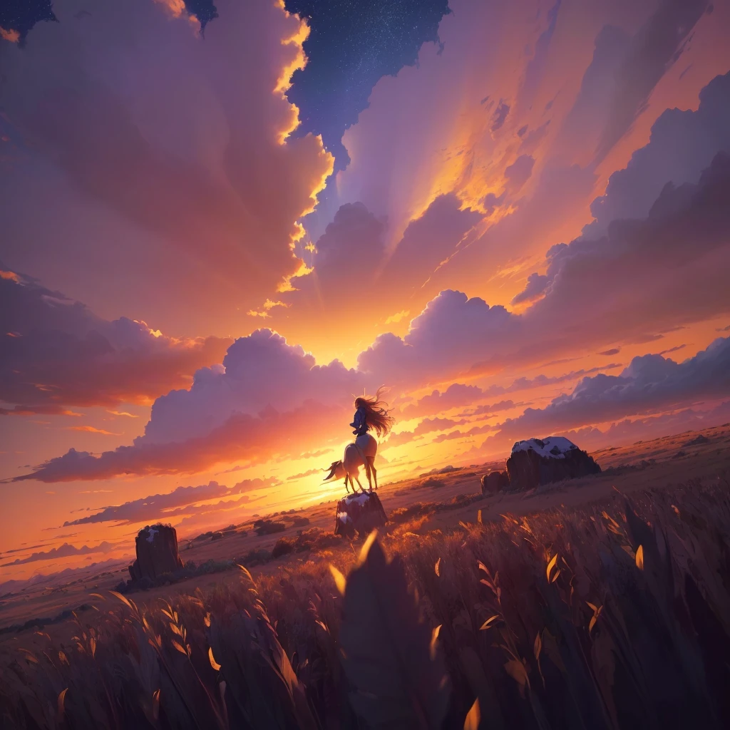アニメ, a girl on horseback in a grassy field with a sunset in the background, makoto shinkai cyril rolando, Papel de parede de arte アニメ 4k, papel de parede de arte de アニメ 4k, papel de parede de arte de アニメ 8k, Papel de parede de アニメ 4K, linda cena de アニメ, Lindas obras de arte de アニメ, アニメ linda cena de paz, papel de parede de アニメ 4k, papel de parede de アニメ 4k