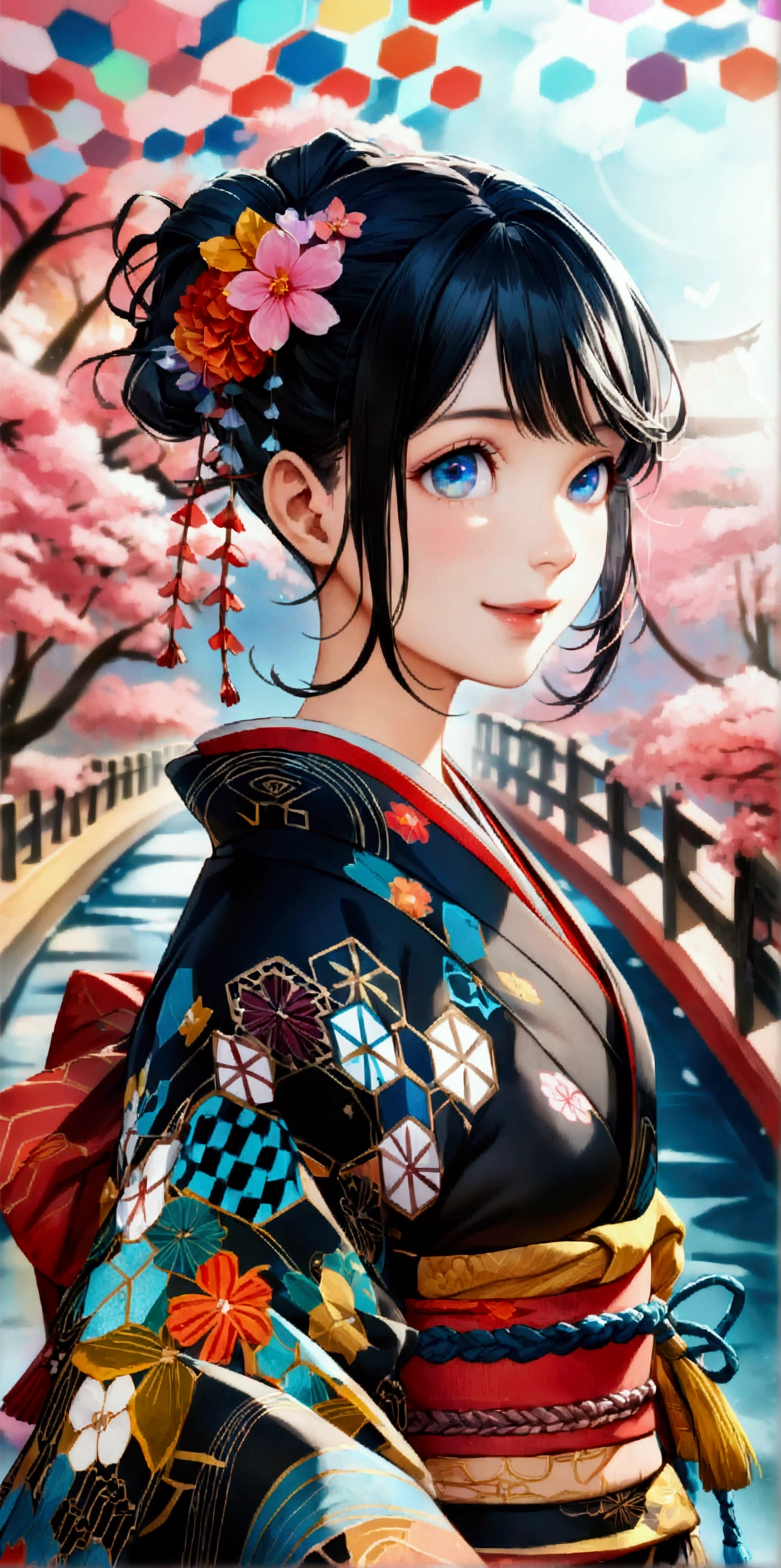((32k)), ((best quality)), ((ultra high res)), ((HDR)), ((UHD)), ((extremely detailed CG)), ((unity 32k wallpaper)), dynamic dancing moves with full of energy and movement, jumping high, full body portrait, happy expression, Japanese festival, with lively action poses, Positive Space, asymmetry, dynamic angle, A detailed illustration of an anime girl with blue eyes wearing a black kimono with Japanese patterns, wearing white cloak white shorts, black tube-top, She has white long hair tied back by a flower hair ornament, with colorful deep blue, black, pink, gold and white colors, surrounded by hexagons with various patterns and textures, Japanese Ancient bridge, happy expression, A black and white checkered pattern background surrounded by hexagons with various patterns in background, floral designs, and geometric shapes, In the background there are some sakura trees., cartoon character design, this is a full body portrait in vibrant colors, colorful illustrations, highly detailed, high resolution, in the style of digital painting, natural lighting, --ar 5:7 --niji 6,