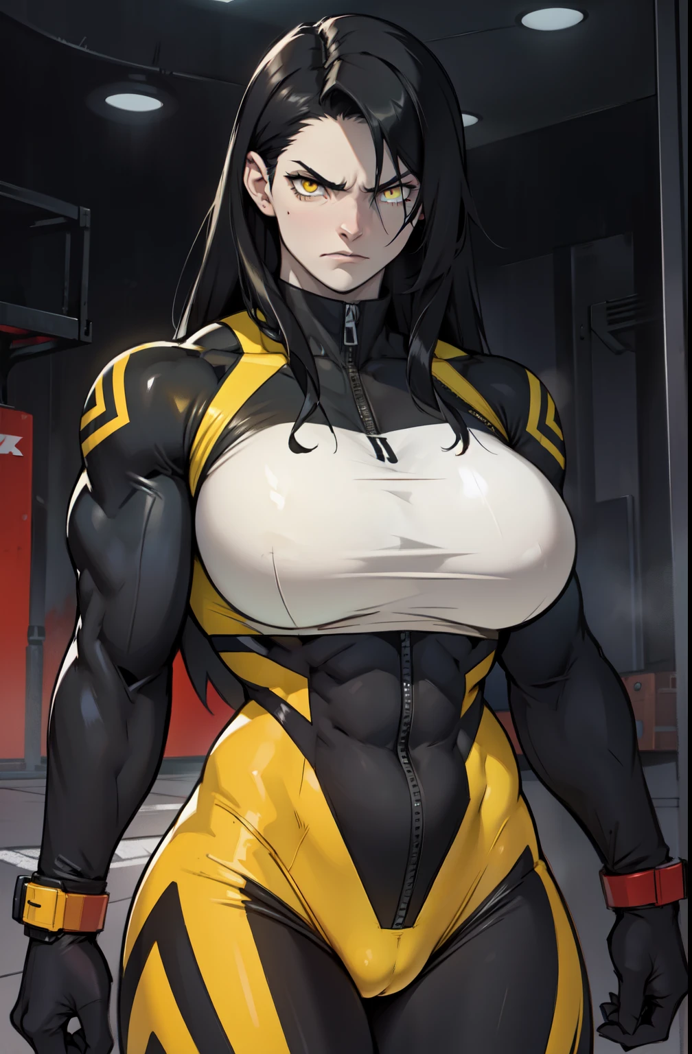 pale skin solo 1 girl black hair yellow eyes angry very long hair dark atmosphere (huge breasts bodybuilder toned body muscular) skinsuit