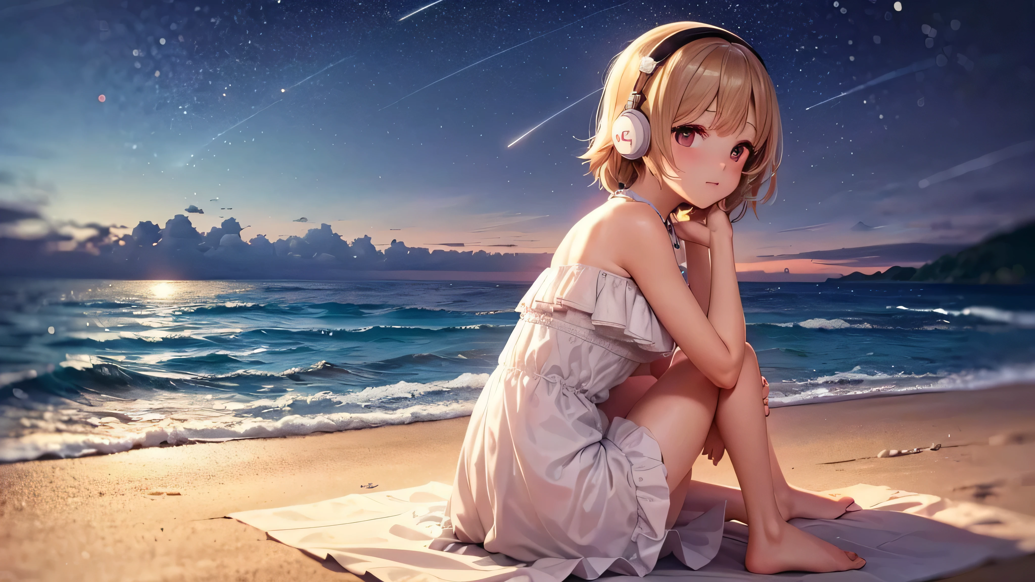 "A serene nighttime beach scene. A girl sits on the sandy shore, her headphones on, lost in the rhythm of the music. She wears a beautiful frock, the gentle waves almost touching her toes. Above her, the night sky is adorned with twinkling stars and a luminous moon, casting a soft glow over the tranquil scene. She looks completely relaxed, absorbed in her own world of melodies."
