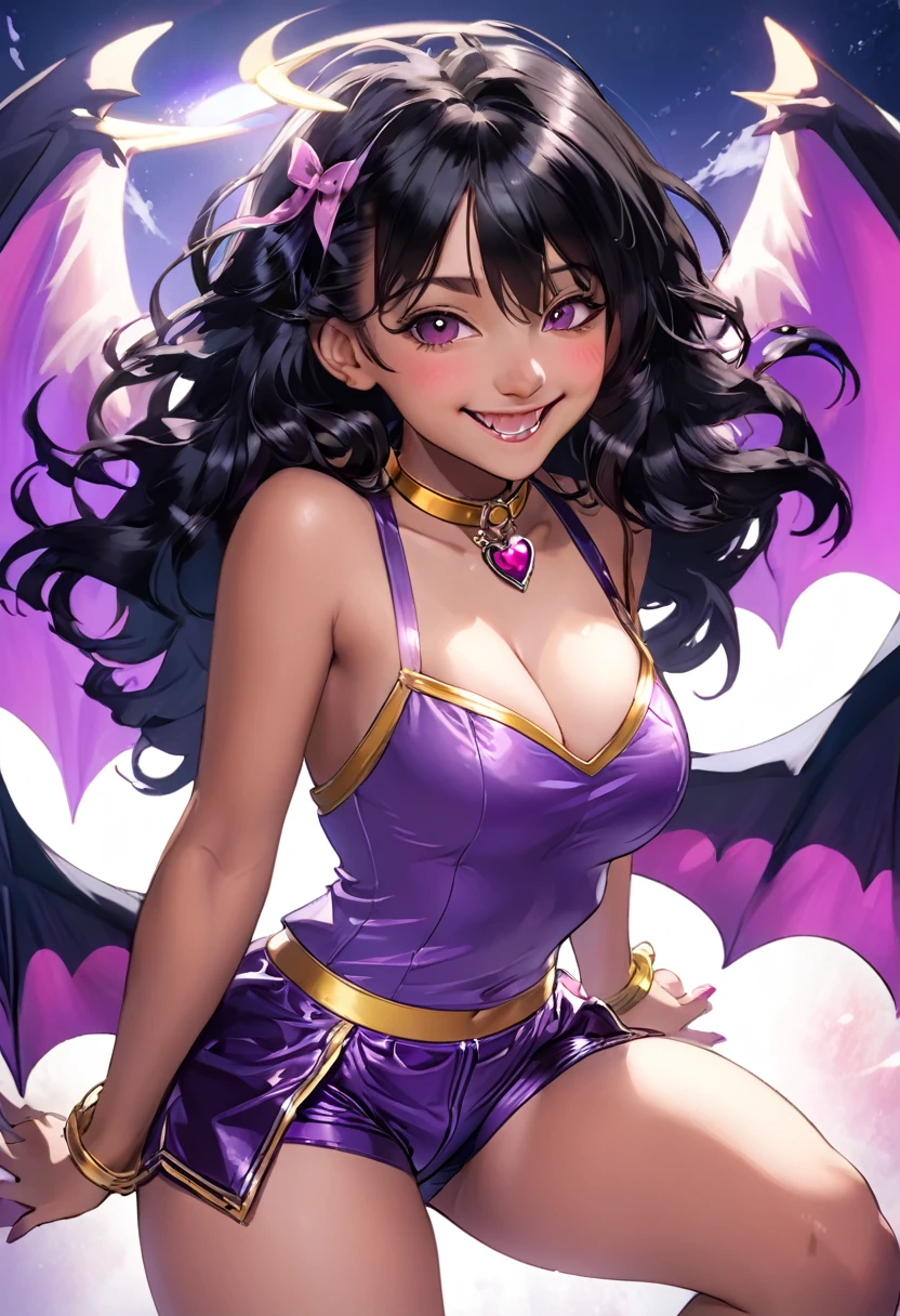 (connie maheswaran  cosplayeng as lilica felchenerow (arcana heart), (skates, gold sleeveless parka:1.2, purple tube top, purple spandex shorts,  purple collar, bat wings), ((masterpiece,best quality, hyper-hdr,  8k uhd,  hyper-detailed)), connie maheswaran, long hair, black hair, pink blade, fangs, full shot, smile, big breast, age 25, sensual pin-up,  flirty cleavage  tease