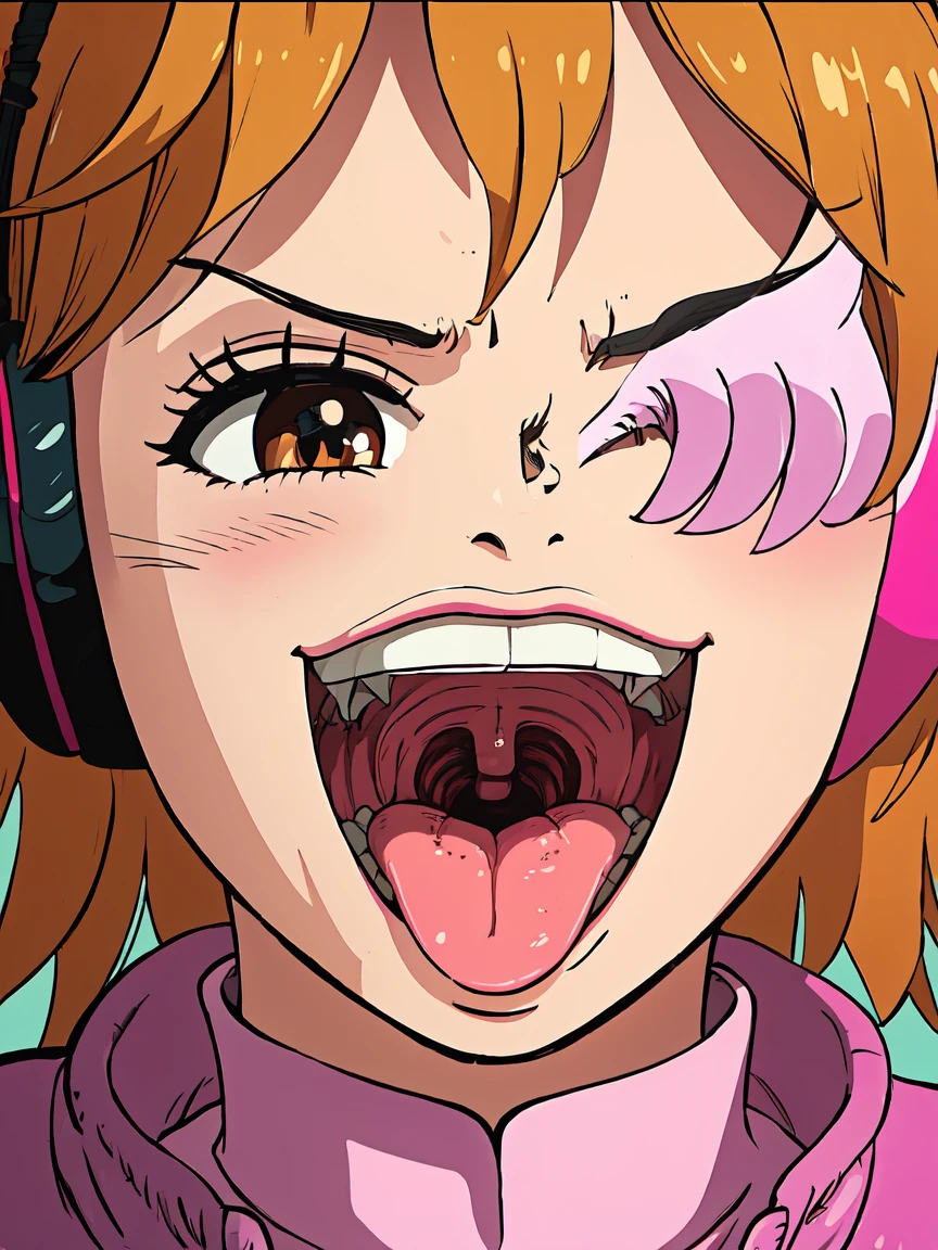 masterpiece, ((ultra detailed background, delicate pattern, intricate detail)), (highly detailed, fine details), best quality, beautiful lighting, ((medium breasts, slim girl)), 1girl, Lilith, ((mischievous smile)) ,(bangs covering one eye), ((light ginger hair)),headphones, (brown eyes), dark-purple jacket,(pink bodysuit, (close-up, portrait), blush, open mouth, big mouth, tongue, tongue out, close up, saliva, uvula, uvula, room, mouth focus, excessive saliva, hair one eye covered, room, indoors, angry
