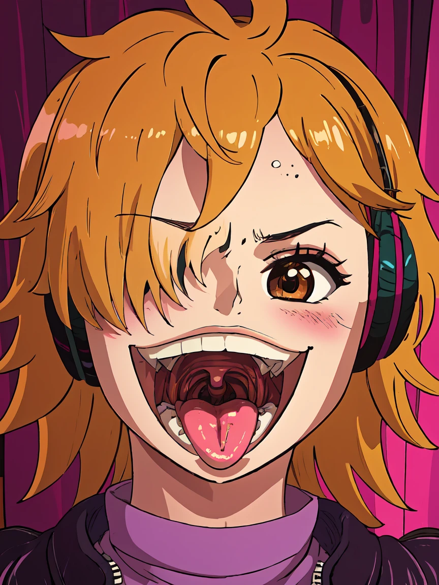 masterpiece, ((ultra detailed background, delicate pattern, intricate detail)), (highly detailed, fine details), best quality, beautiful lighting, ((medium breasts, slim girl)), 1girl, Lilith, ((mischievous smile)) ,(bangs covering one eye), ((light ginger hair)),headphones, (brown eyes), dark-purple jacket,(pink bodysuit, (close-up, portrait), blush, open mouth, big mouth, tongue, tongue out, close up, saliva, uvula, uvula, room, mouth focus, excessive saliva, hair one eye covered, room, indoors, angry