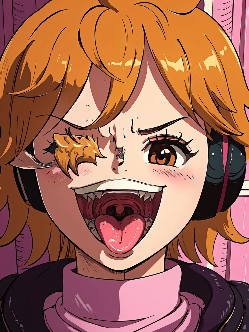 masterpiece, ((ultra detailed background, delicate pattern, intricate detail)), (highly detailed, fine details), best quality, beautiful lighting, ((medium breasts, slim girl)), 1girl, Lilith, ((mischievous smile)) ,(bangs covering one eye), ((light ginger hair)),headphones, (brown eyes), dark-purple jacket,(pink bodysuit, (close-up, portrait), blush, open mouth, big mouth, tongue, tongue out, close up, saliva, uvula, uvula, room, mouth focus, excessive saliva, hair one eye covered, room, indoors, angry