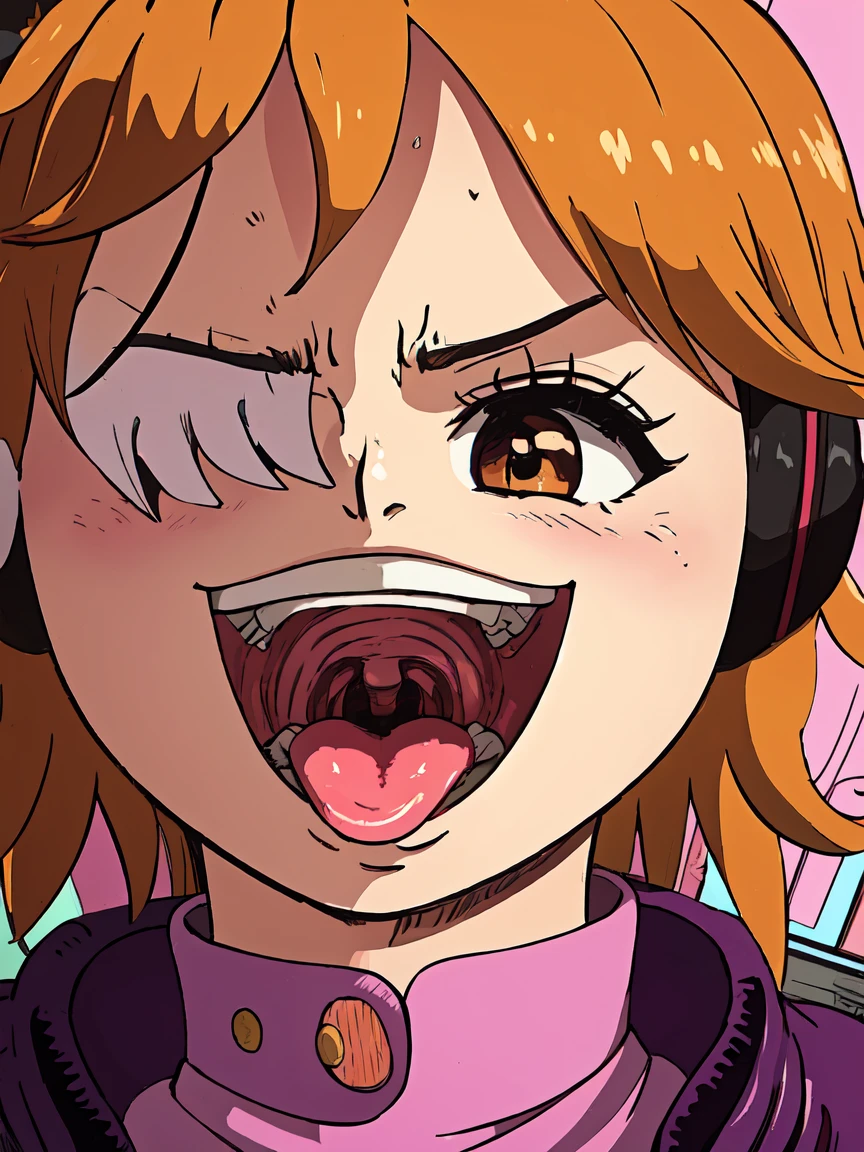 masterpiece, ((ultra detailed background, delicate pattern, intricate detail)), (highly detailed, fine details), best quality, beautiful lighting, ((medium breasts, slim girl)), 1girl, Lilith, ((mischievous smile)) ,(bangs covering one eye), ((light ginger hair)),headphones, (brown eyes), dark-purple jacket,(pink bodysuit, (close-up, portrait), blush, open mouth, big mouth, tongue, tongue out, close up, saliva, uvula, uvula, room, mouth focus, excessive saliva, hair one eye covered, room, indoors, angry