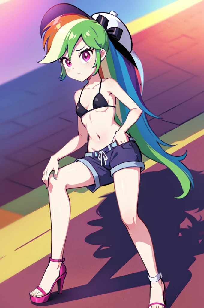 Rainbow Dash, 1 girl, Equestria Girls, rainbow hair, long ponytail, purple eyes, clear blue skin, small breasts, detailed body, detailed face, detailed eyes, glistering body, shiny body, gorgeous body, masterpiece, athletic body, full body, :3, ((pink hat, black bikini top, midriff, pink short pants, high heels)), beach, clear sky, sit on beach chair,