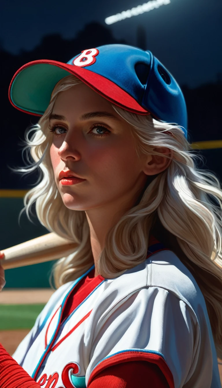 Hyperrealist portrait of female baseball player by david hockney and alphonse mucha,fantasy art, photo realistic, dynamic lighting, artstation, poster, volumetric lighting, very detailed faces, 4 k, award winning,, 1girl, in the dark, deep shadow, low key,cowboy shot,(official clothing:1.4), basball helmet ,long hair,white hair,