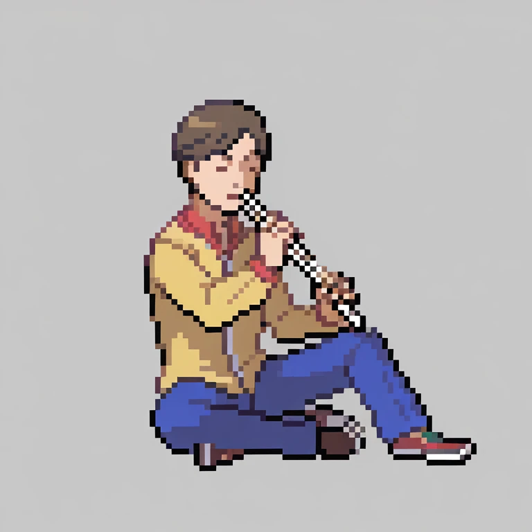 A young man sitting with a flute in his right hand, relaxed, closed eyes