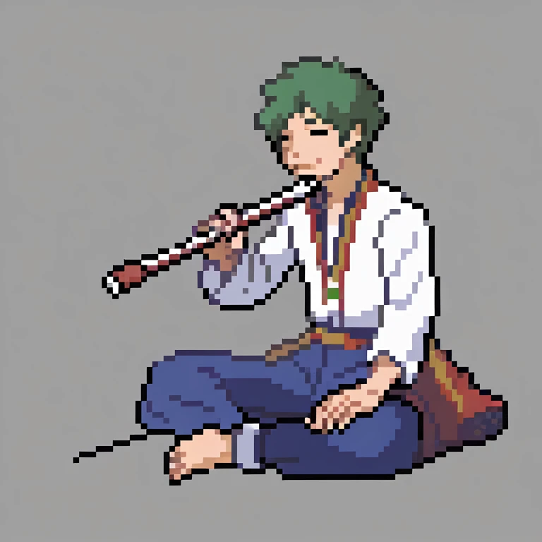 A young man sitting with a flute in his right hand, relaxed, closed eyes